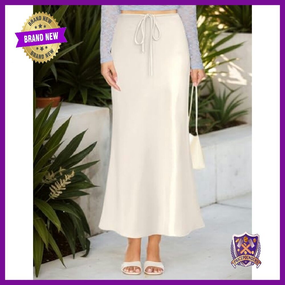 Satin Maxi Skirt High Waist Drawstring A-Line Flowy Long - Picture 3 of 8